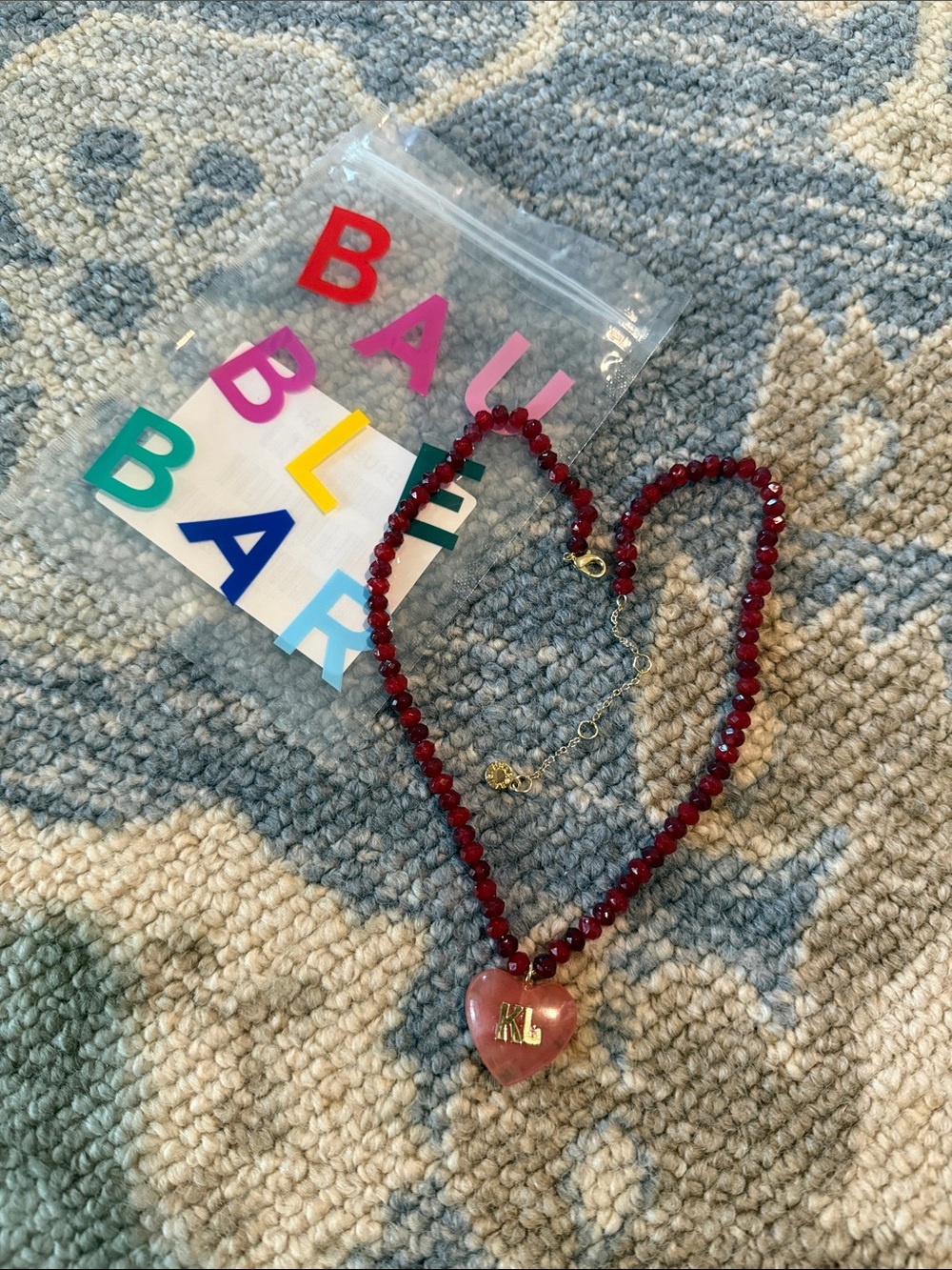 BaubleBar Cherry Quartz Heart Necklace with KL Pendant